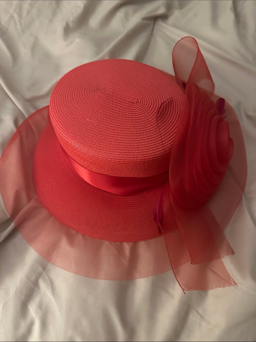 Women's Red Organza-Trim Wide Brim Dress Hat